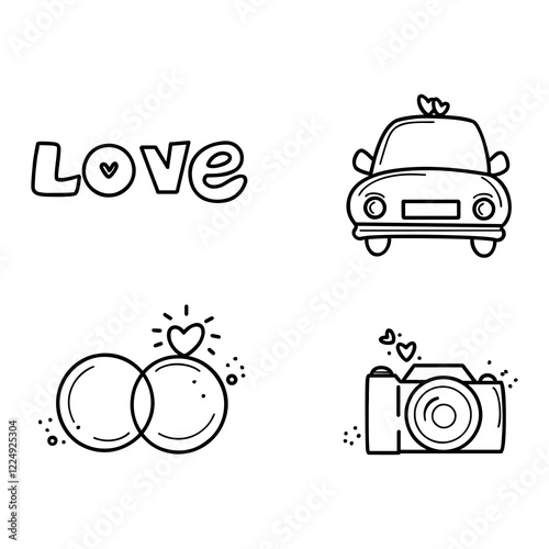 wedding symbols manifesting love through heart symbols, rings, cars, cameras and bridal jewelry