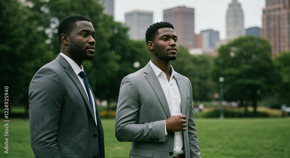 Men in suits standing in park with skyscrapers in background Men in suits standing in park with skyscrapers in background