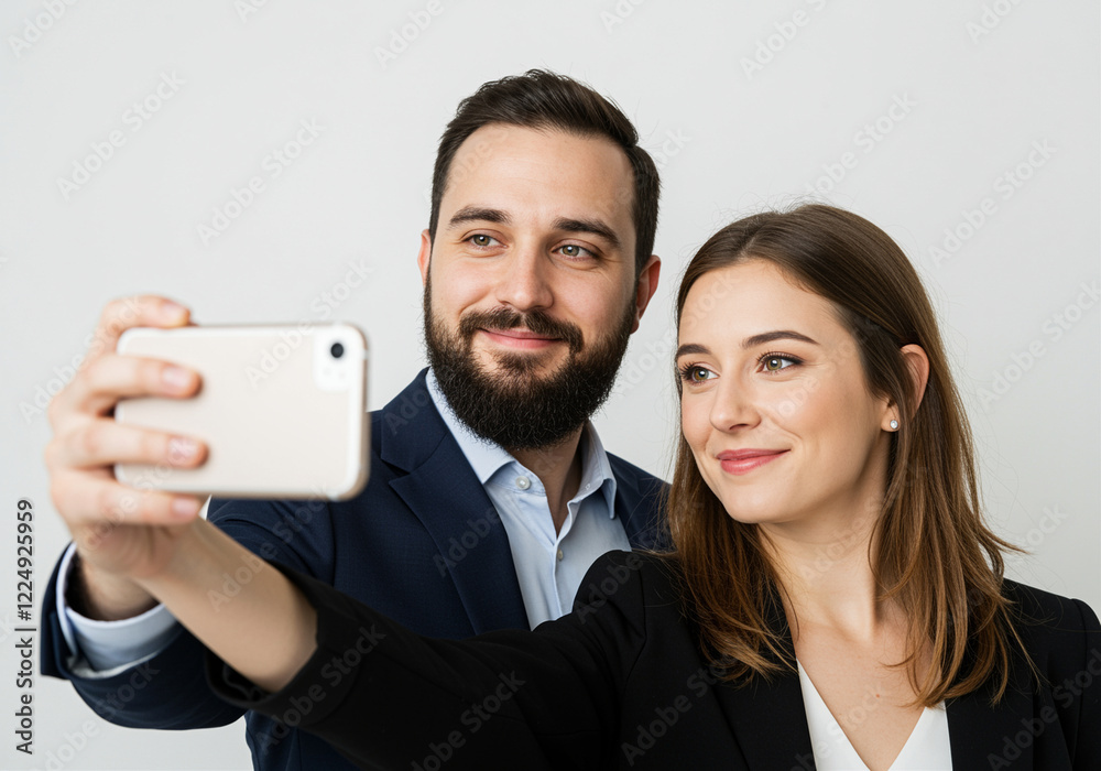 People taking a selfie in business attire smiling together with a smartphone People taking a selfie in business attire smiling together with a smartphone