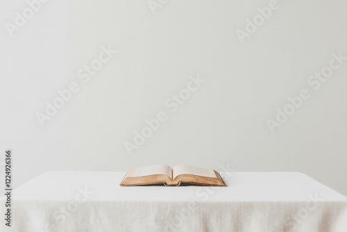 Open book on white table with minimalistic background, symbolizing knowledge, education, and inspiration, ideal for academic and literary themes photo