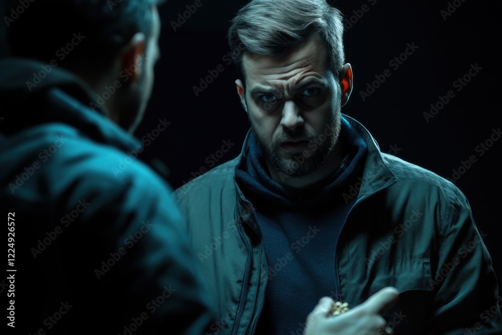 Man in dark clothing confronts his reflection in a dimly lit room while holding an object in his hand Man in dark clothing confronts his reflection in a dimly lit room while holding an object in his hand