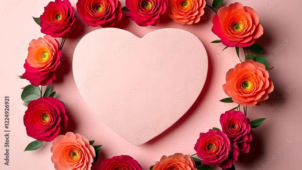 Pink heart shaped card with pinks roses and red daisies surrounding it, on a baby pink background Pink heart shaped card with pinks roses and red daisies surrounding it, on a baby pink background