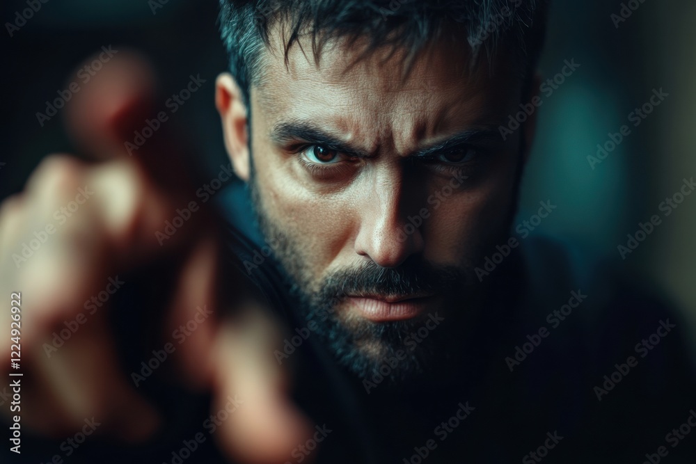 Man with intense expression pointing directly at the viewer in a dramatic lighting setting Man with intense expression pointing directly at the viewer in a dramatic lighting setting