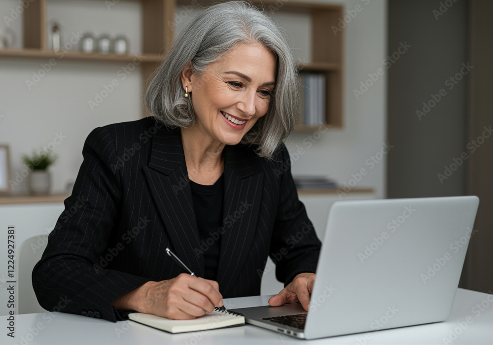 Businesswoman working on laptop in office smiling during meeting Businesswoman working on laptop in office smiling during meeting