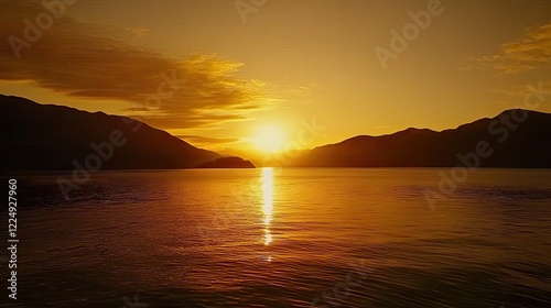 Golden sunset over a serene lake with mountains silhouette and rippling water