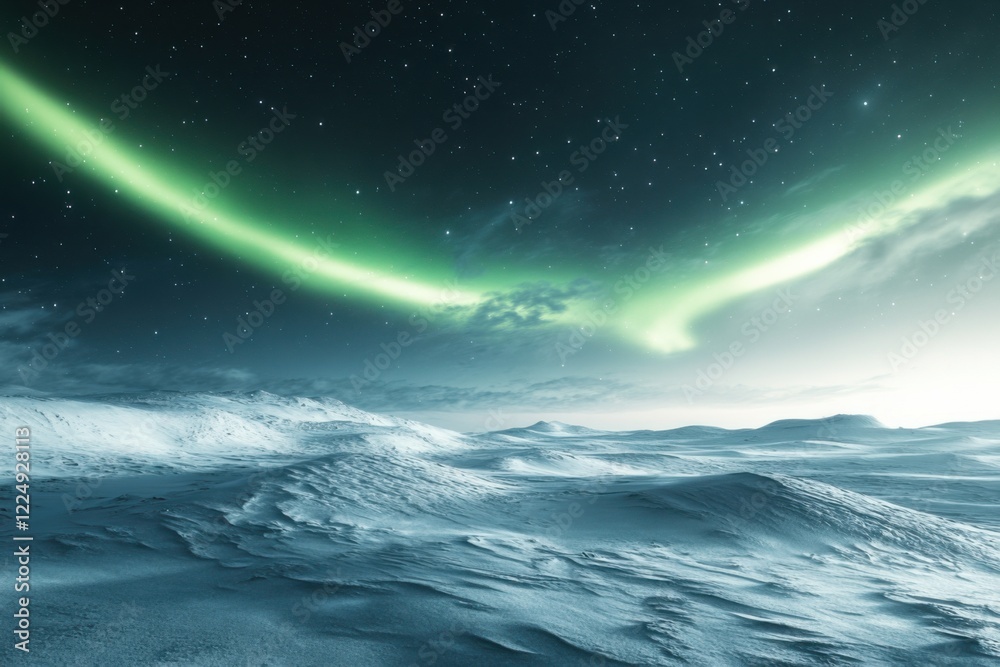 Fototapeta premium Spectacular northern lights illuminate a snowy landscape in a remote arctic region during winter