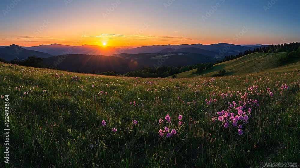 Fototapeta premium Serene Sunset Over Mountain Landscape with Wildflowers