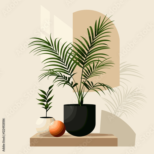 Decorative plants in stylish pots on minimalistic table with soft shadows