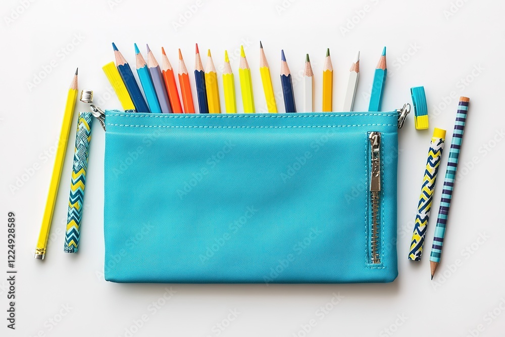 Fototapeta premium Colorful pencils neatly organized in a vibrant blue pencil case.