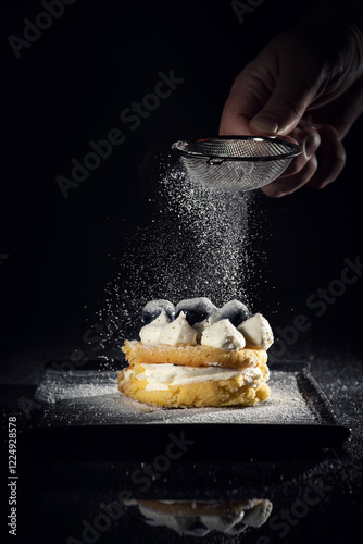 A sieve dusts powdered sugar onto a dessert made of two layers of cake, whipped cream, and blueberries, creating a visually appealing scene with a dark background