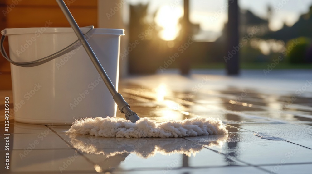 Cleaning action with mop home interior photography bright sunshine low angle view fresh environment Cleaning action with mop home interior photography bright sunshine low angle view fresh environment