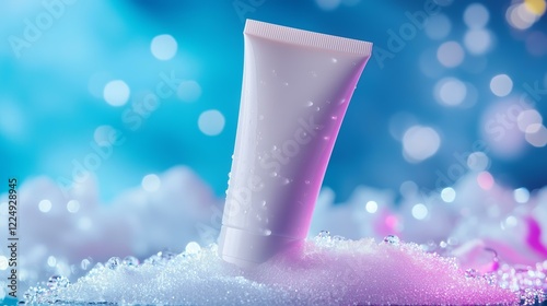 Moisturizing cream tube on sudsy surface with bokeh background