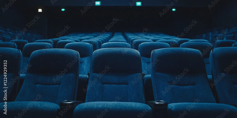 Fototapeta premium Empty Movie Theater Interior with Blue Seats and Dim Atmosphere Ready for an Unforgettable Film Experience