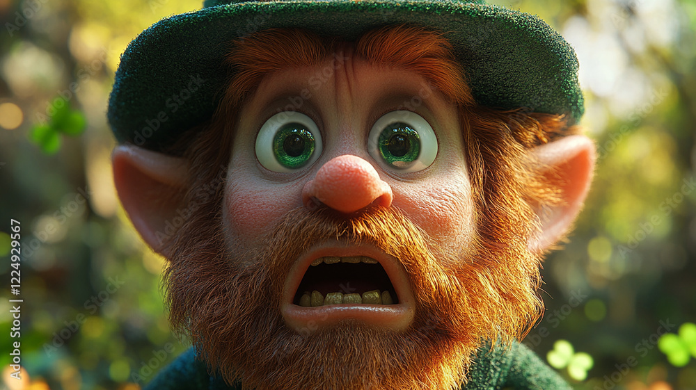 Fototapeta premium Cartoon character Leprechaun and gold coins. A rainbow and a pot of gold in the woods. St. Patrick's Day. Green background. Space for text.