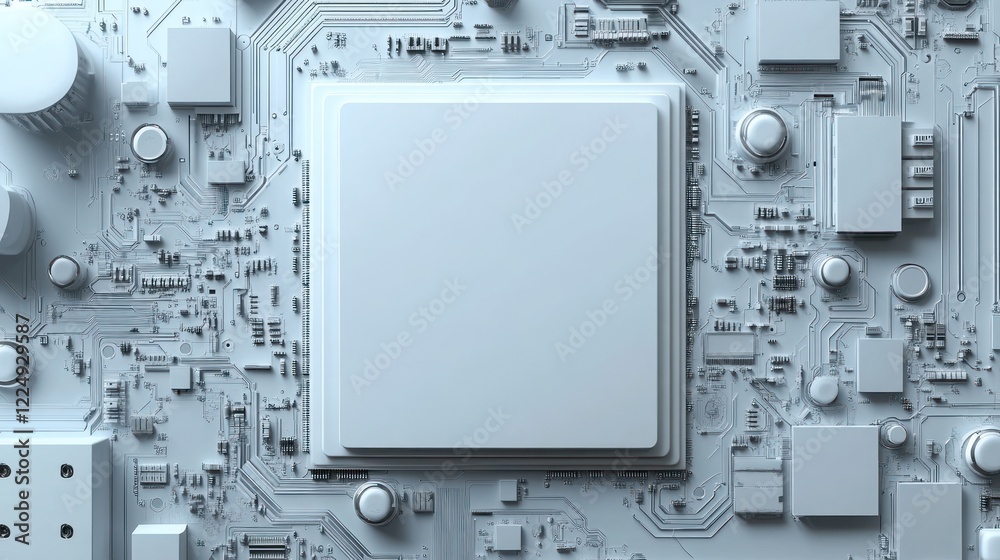 Close-up of a blank computer circuit board with a central processor. Close-up of a blank computer circuit board with a central processor.