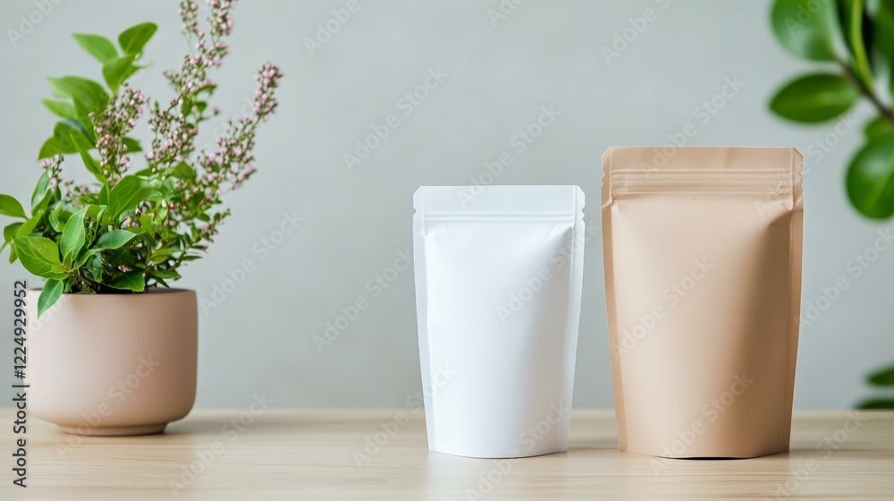 Eco-friendly packaging with minimalist design and natural elements in a calm setting Eco-friendly packaging with minimalist design and natural elements in a calm setting