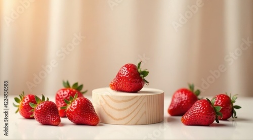 A single ripe strawberry rests atop a small wooden pedestal, surrounded by several more fresh strawberries on a pristine white surface