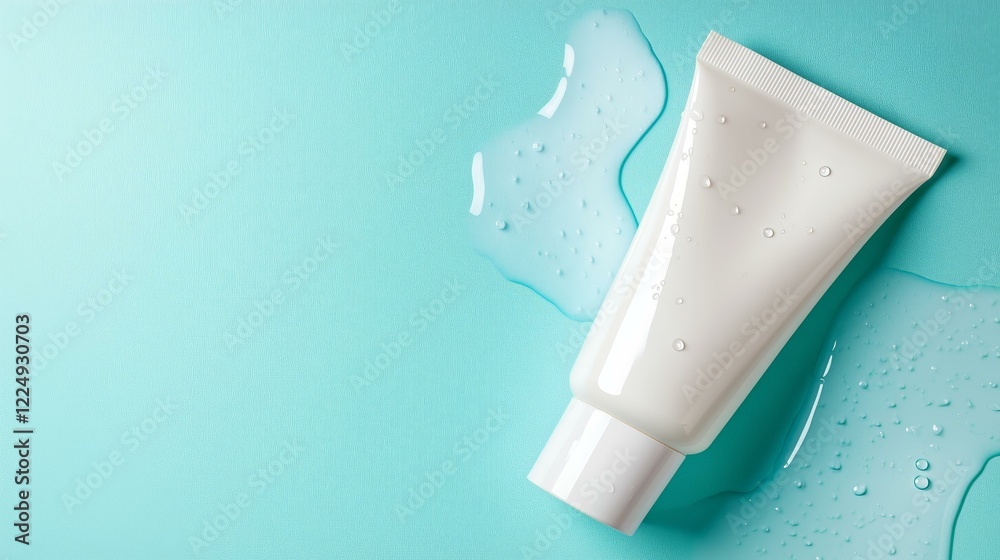 White cosmetic tube with water droplets on light blue background White cosmetic tube with water droplets on light blue background