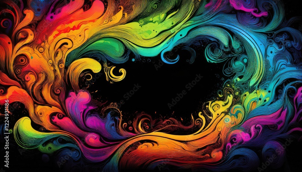 Fototapeta premium Abstract colorful swirling grunge illustration border frame with copy-space on black background
