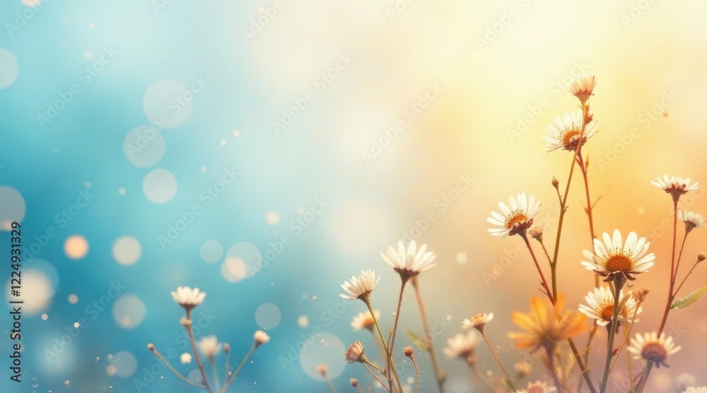Fototapeta premium Serene Meadow Delicate White Flowers Basking in Golden Sunlight, a Gentle Breeze Whispering Through Petals, Soft Bokeh Background