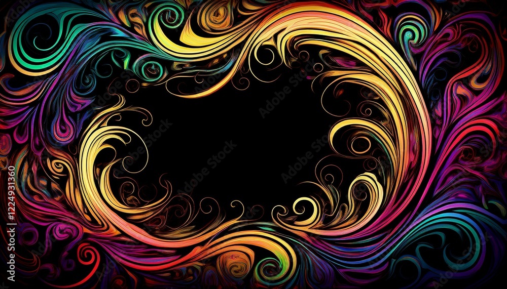 Fototapeta premium Abstract colorful swirling grunge illustration border frame with copy-space on black background