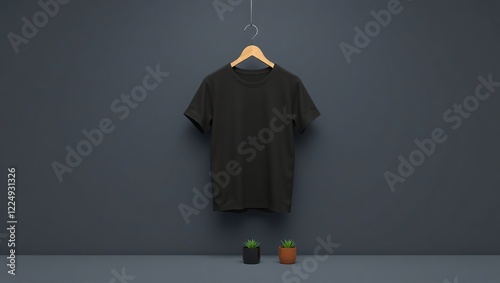 Black TShirt Hanging On Wooden Hanger With Plants photo