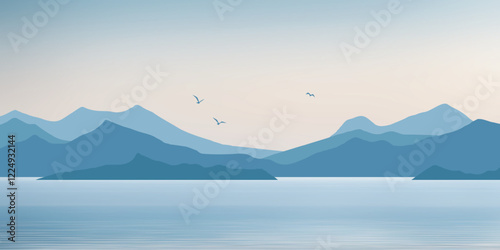 Minimalistic seascape, rocky shores and a flock of birds, vector illustration