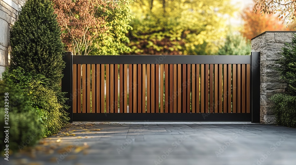 Fototapeta premium Charming Rustic Wooden Gate Framed by a Sturdy Weathered Stone Wall Surrounded by Lush Greenery Evoking a Sense of Tranquility and Timeless Beauty in a Peaceful Outdoor Setting