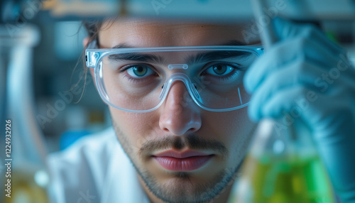 Chemical engineer or scientist manipulating chemicals in a laboratory container. Chemists Day photo