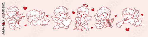 Cupids set. Cute baby angels, kids cherub characters. Flying winged girls, boys shooting with arrow and bow, playing music, singing about love. Flat vector