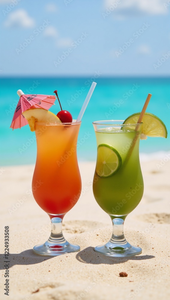 Obraz premium Two tropical-style cocktails adorned with fruit garnishes rest on a sandy beach by the vibrant blue sea