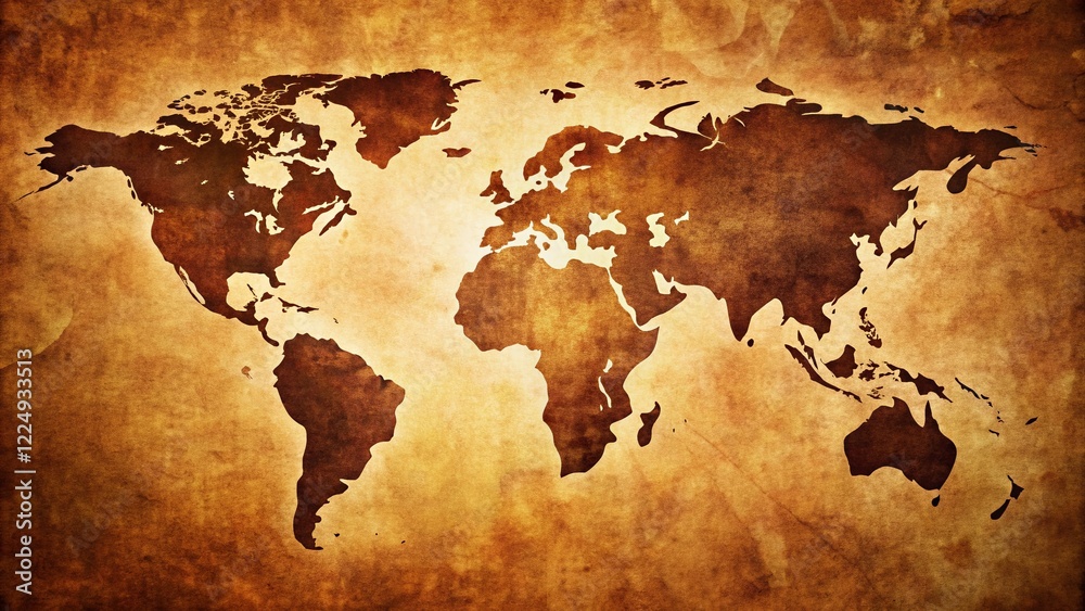 Fototapeta premium Silhouette of Vintage World Map, America Centered, Brown Tones - Stock Photo