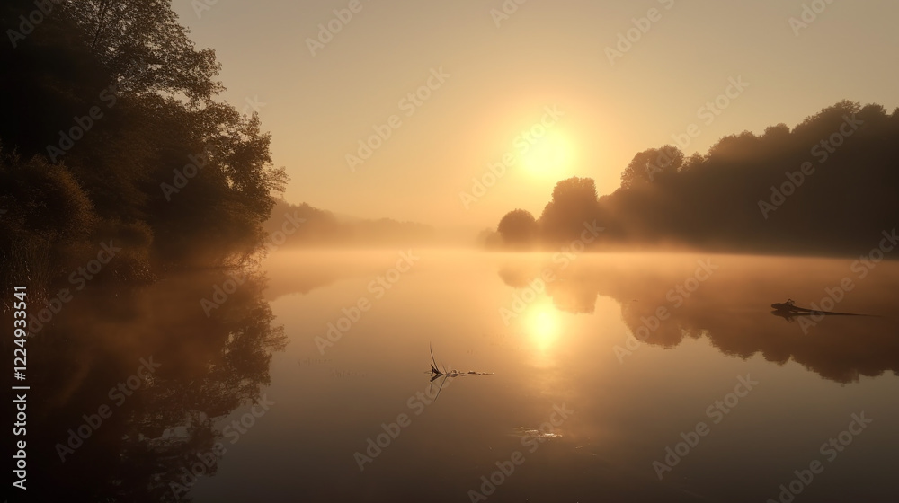 Obraz premium Serene Sunrise over Misty Lake Golden Hour Peaceful Nature Landscape Photography Fog Sky Calm Dawn 