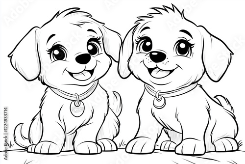 Two cute puppies wearing collars are sitting and smiling, celebrating national puppy day and waiting for a loving home coloring page