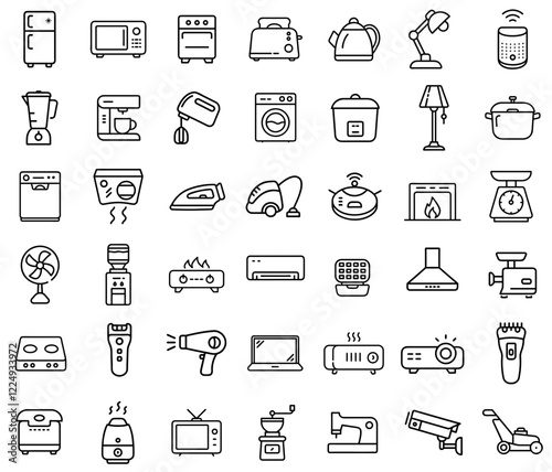 Collection of household appliances icons in a minimalist style on a transparent background
