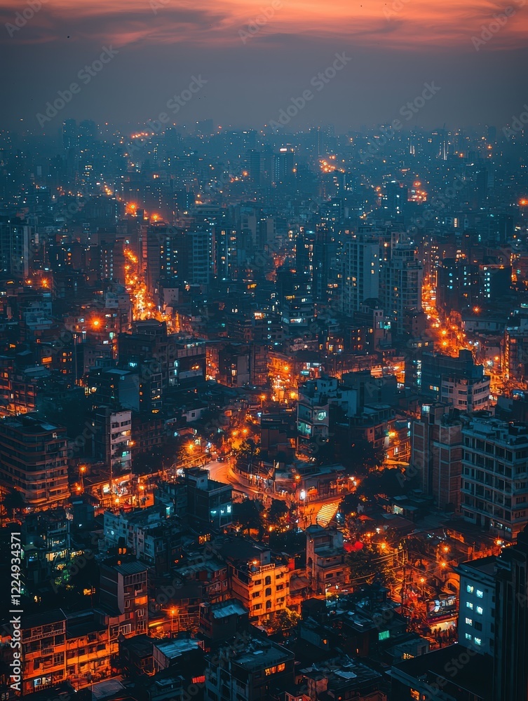 Fototapeta premium Urban nightlife in a bustling city aerial view vibrant urban environment twilight atmosphere