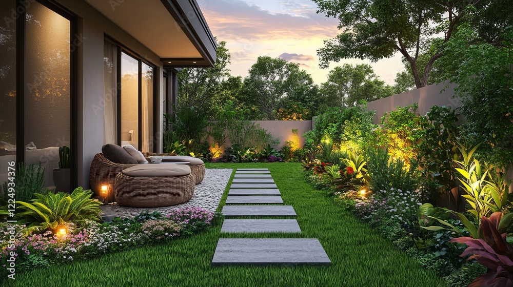 Obraz premium Charming Garden Oasis Featuring Cozy Couch and Elegant Table Surrounded by Lush Greenery and Colorful Flowers Creating a Relaxing Outdoor Retreat Perfect for Leisure and Enjoyment