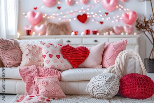 living room is adorned with Valentine's Day-themed decor, including pink and red hearts, creating a cozy and romantic atmosphere with a sofa and ample copy space in background. MZ
