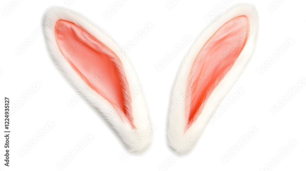 Fototapeta premium Fluffy white bunny ears with pink insides, isolated on white background.