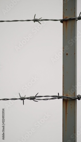 Barbed-wire fence with sharp nails acts as deterrent for trespassers and property protection from potential harm or vandalism photo