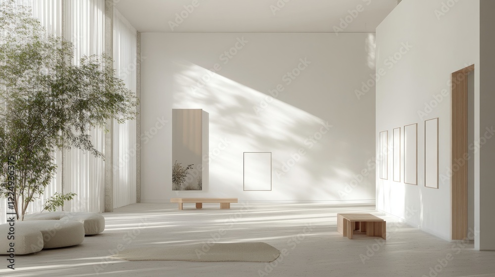 Fototapeta premium An open and airy art gallery mockup featuring empty frames and soft natural lighting