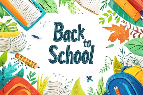 Blank notebook surrounded by colorful school supplies on a dark chalkboard.
