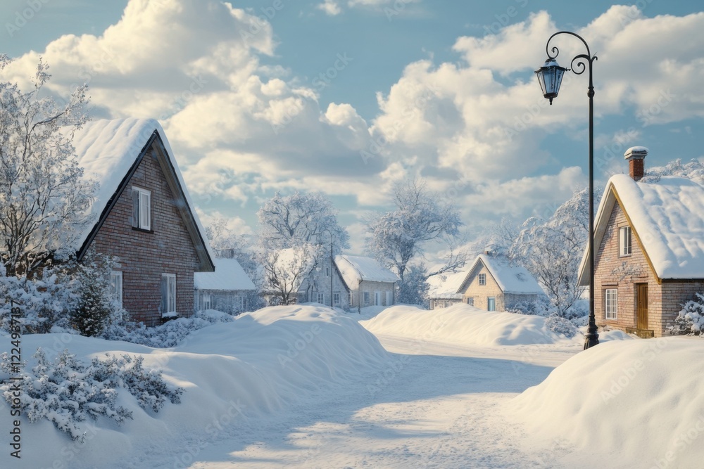 Snow-covered village with quaint houses and a lamp post under a blue sky filled with clouds in winter Snow-covered village with quaint houses and a lamp post under a blue sky filled with clouds in winter