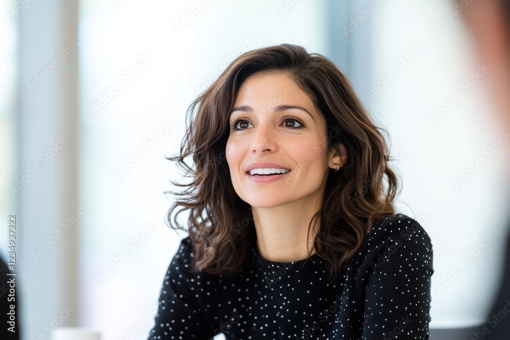 Smiling woman engaged in lively conversation during a professional meeting in a bright office Smiling woman engaged in lively conversation during a professional meeting in a bright office