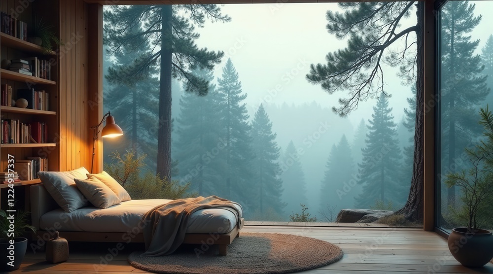 Serene Forest Vista from a Cozy Wooden Room with a Comfortable Bed Serene Forest Vista from a Cozy Wooden Room with a Comfortable Bed
