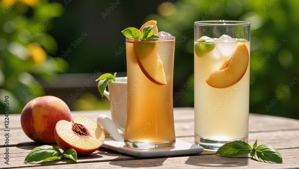Fototapeta premium Enjoy a vegan summer drink Refreshing Peach-Basil Iced Tea in a sunlit garden
