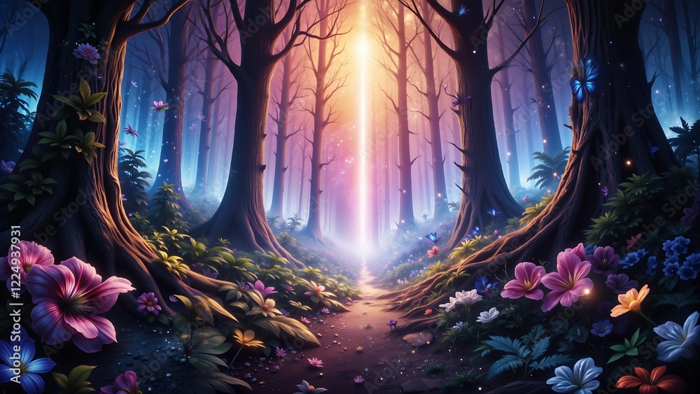 Fototapeta premium A forest with a bright light shining through the trees