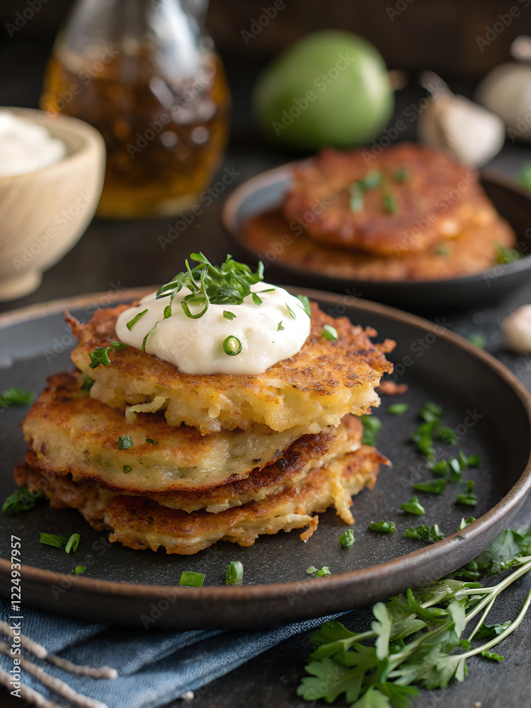 This is a plate of potato pancakes with sour cream and chives