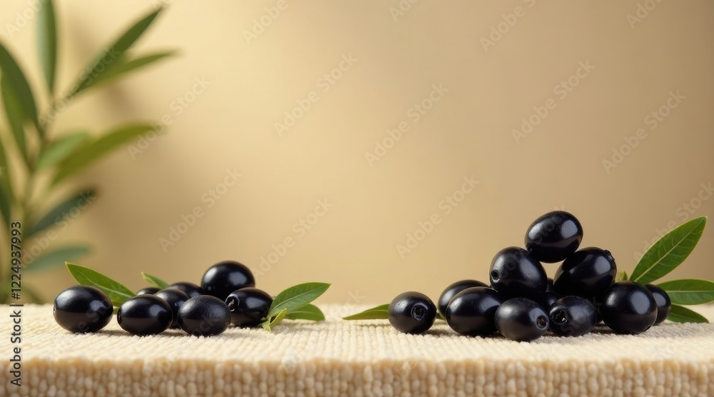 Dark Olives Arranged on a Textured Surface with Olive Branches Dark Olives Arranged on a Textured Surface with Olive Branches