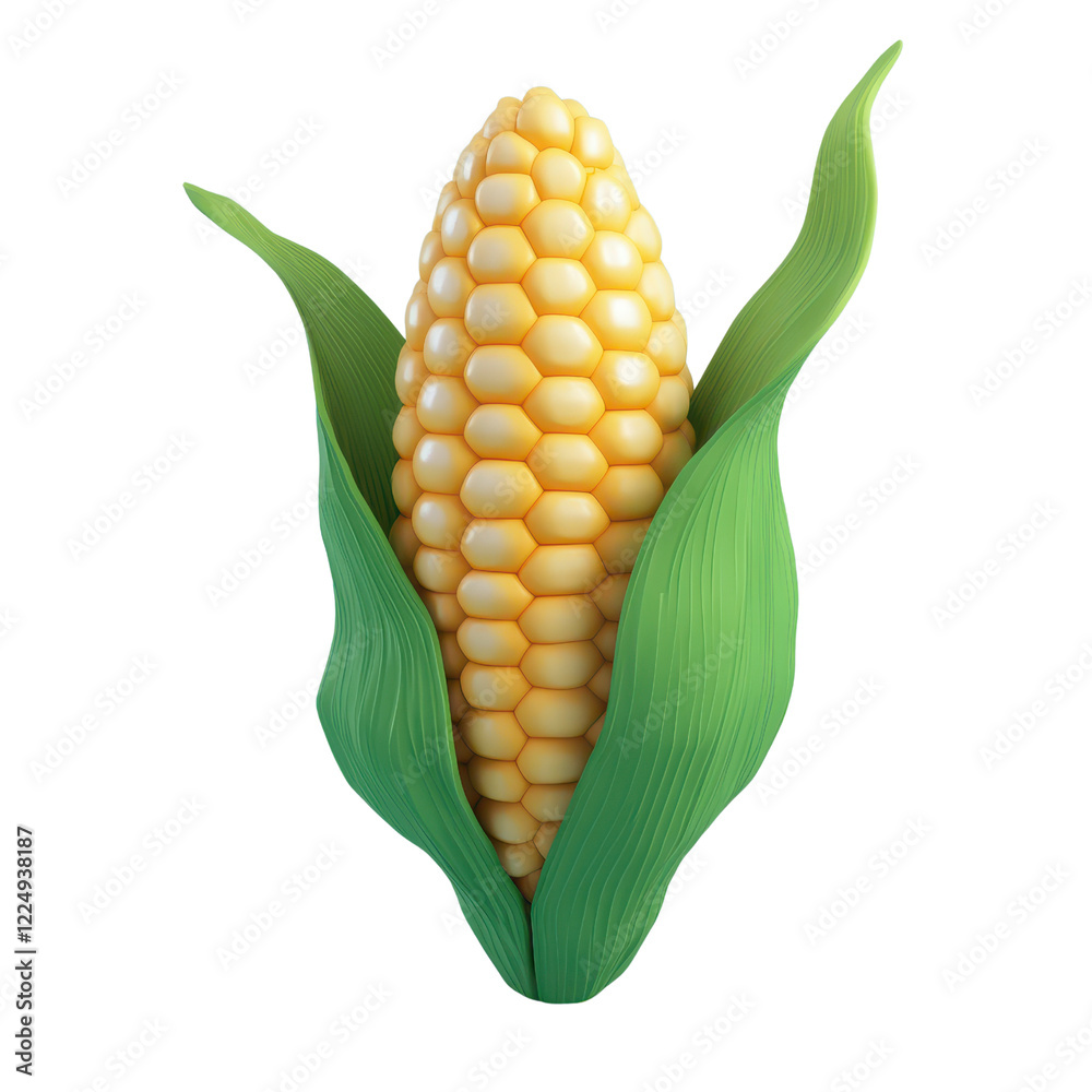 Obraz premium A close-up view of a fresh yellow corn cob with green husks, showcasing its vibrant texture., isolated on a transparent background.